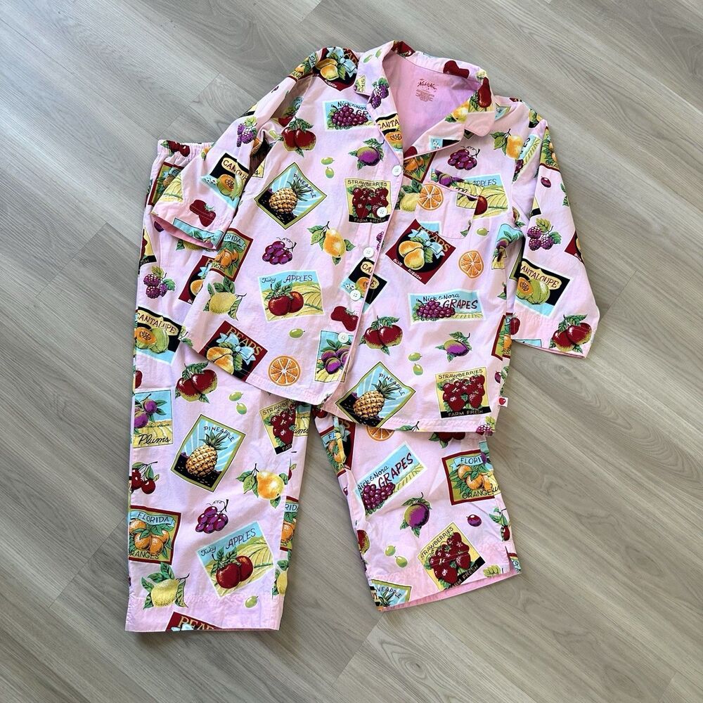 Nick & Nora Pink Fruit Stand Labels Cotton Pajama Set LARGE Capri Pants